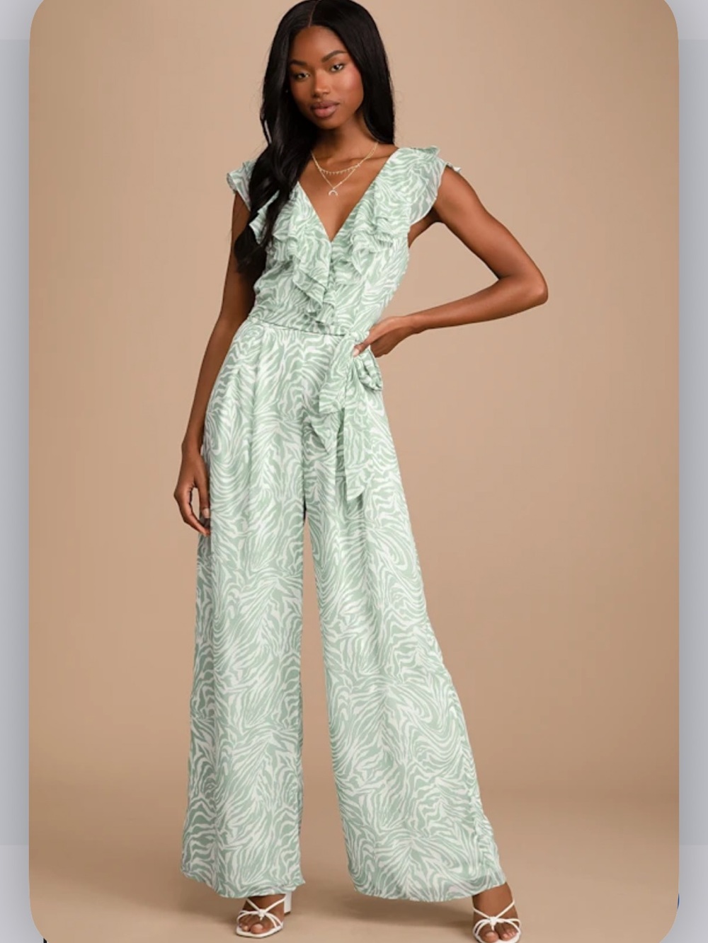 Lulus Vacay Vibes Sage Green Animal Print Ruffled Wide Leg Jumpsuit Small